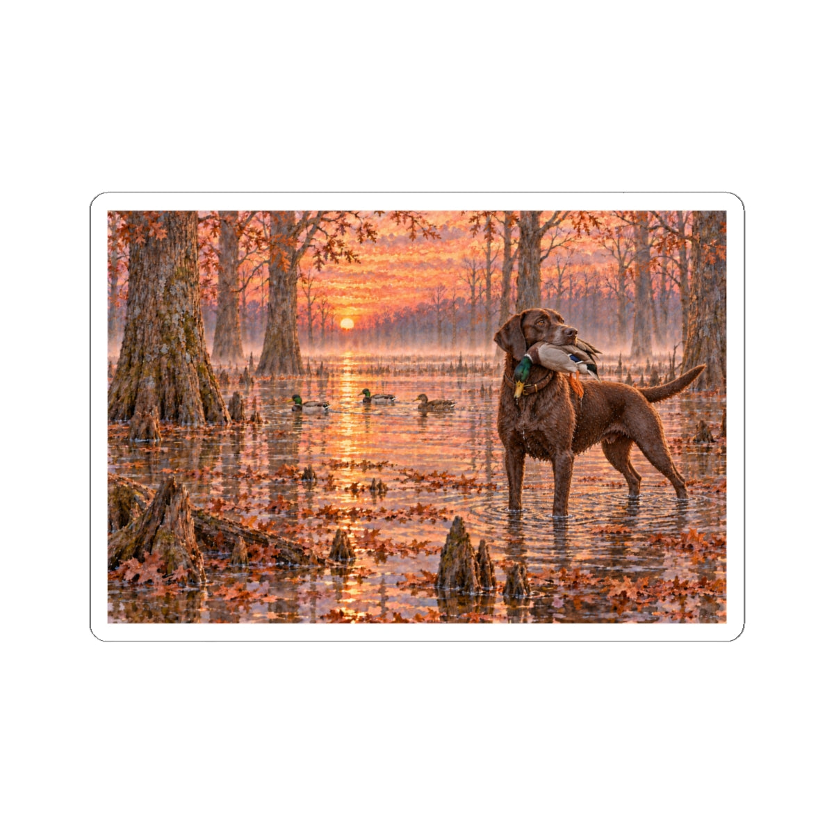 Duck Hunting Labrador Sticker — Autumn Marsh Sunset Kiss-Cut Sticker