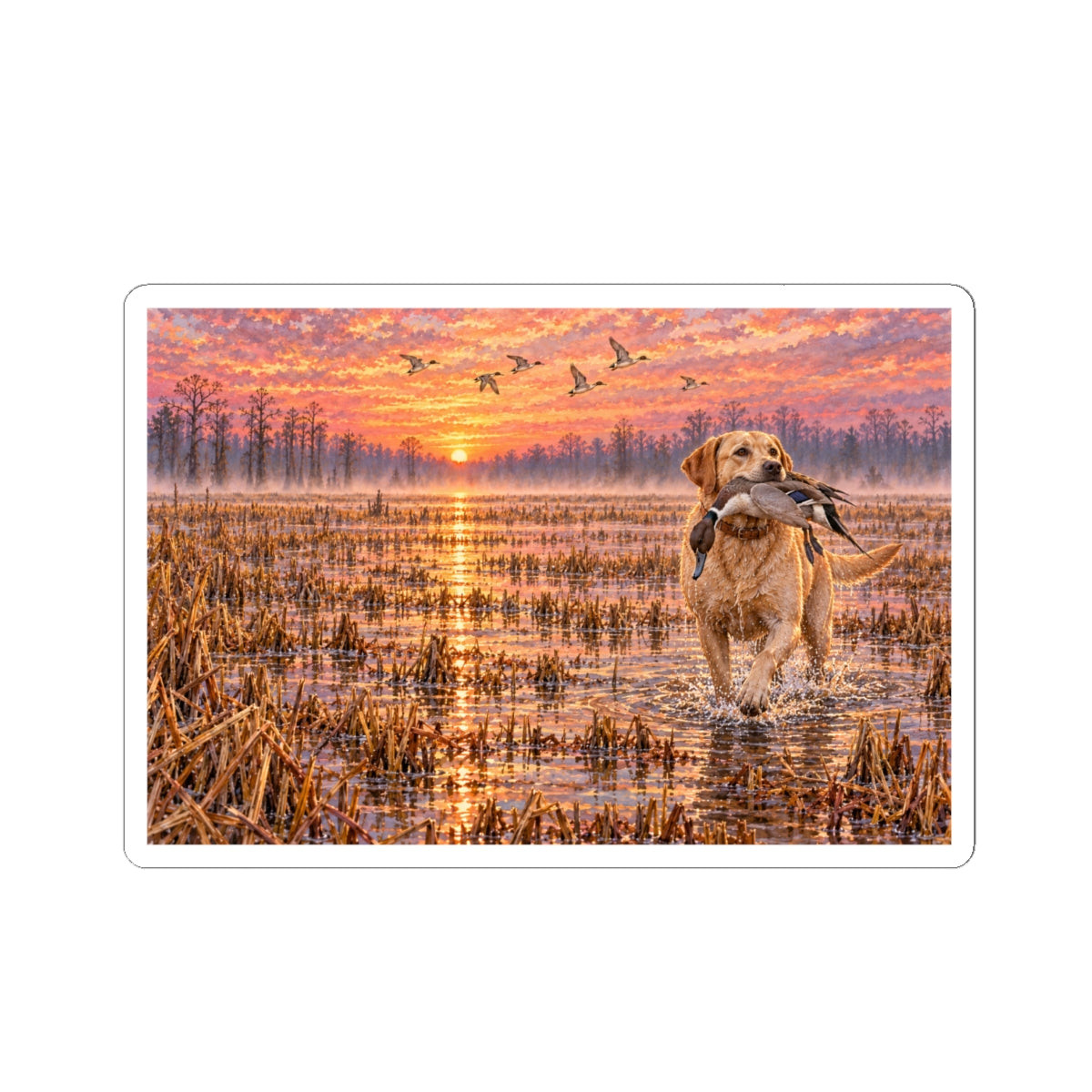 Retriever Duck Hunting Sticker — Golden Lab with Duck at Sunrise (Kiss-Cut)