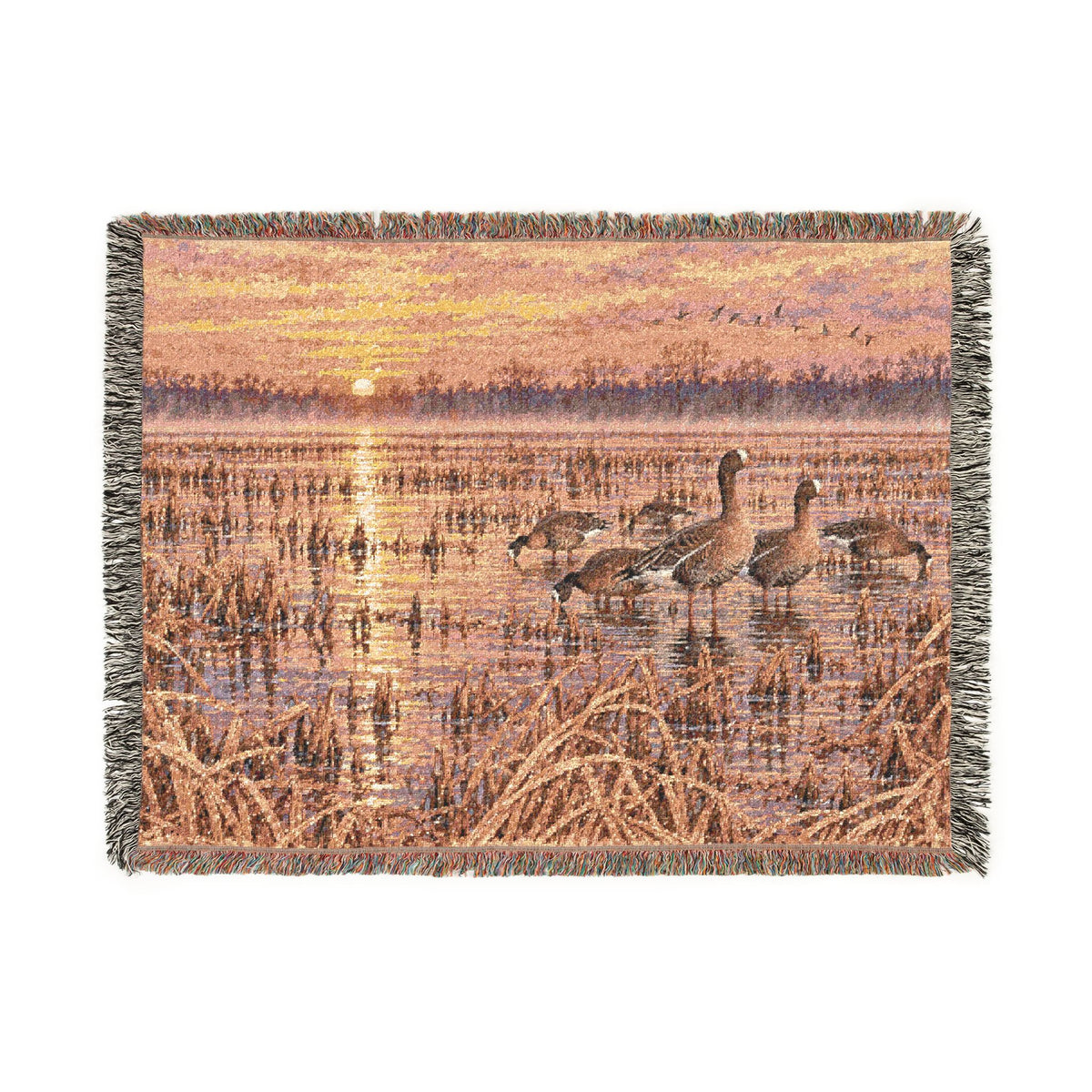 Sunset Wetlands Woven Blanket — Goose & Marsh Landscape Throw