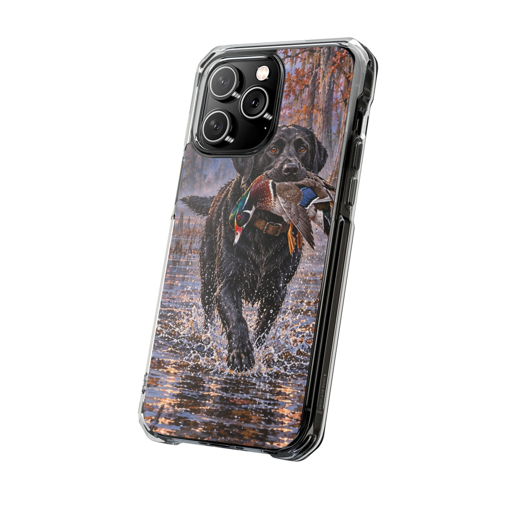 Clear Magnetic Phone Case — Black Lab with Duck swamp