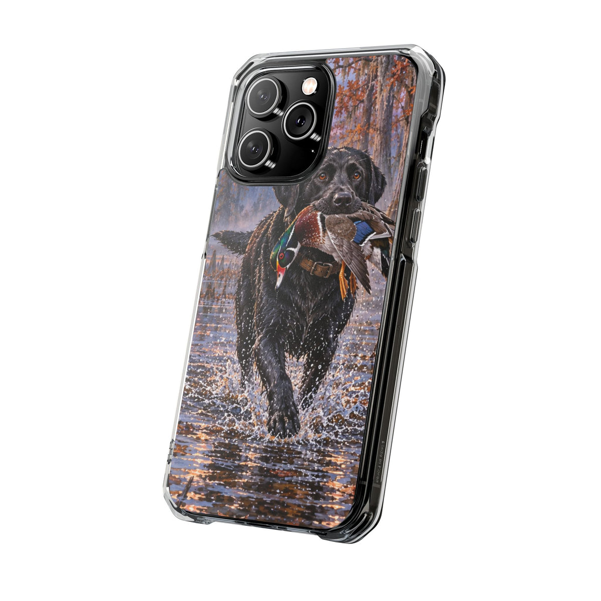 Clear Magnetic Phone Case — Black Lab with Duck swamp