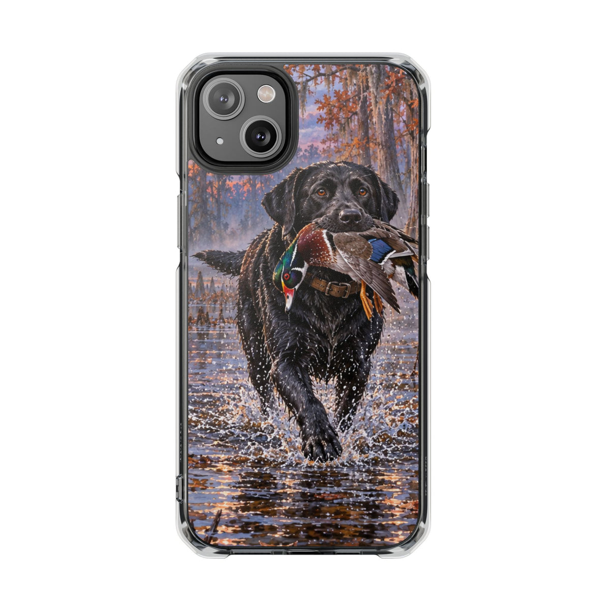 Clear Magnetic Phone Case — Black Lab with Duck swamp