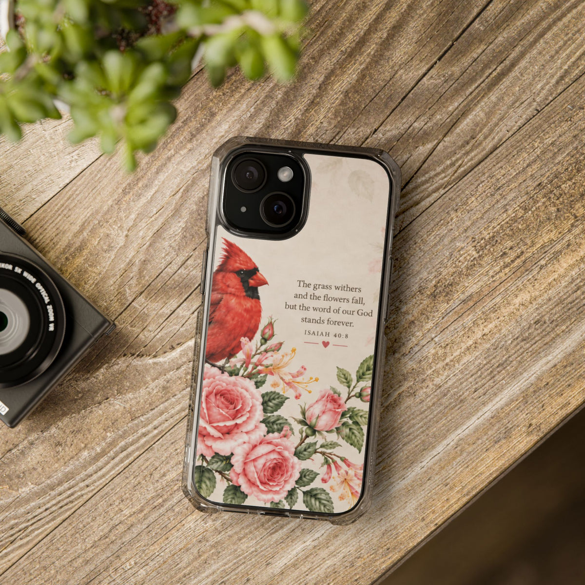 Clear Magnetic Phone Case — Cardinal Scene Isiah 40:8