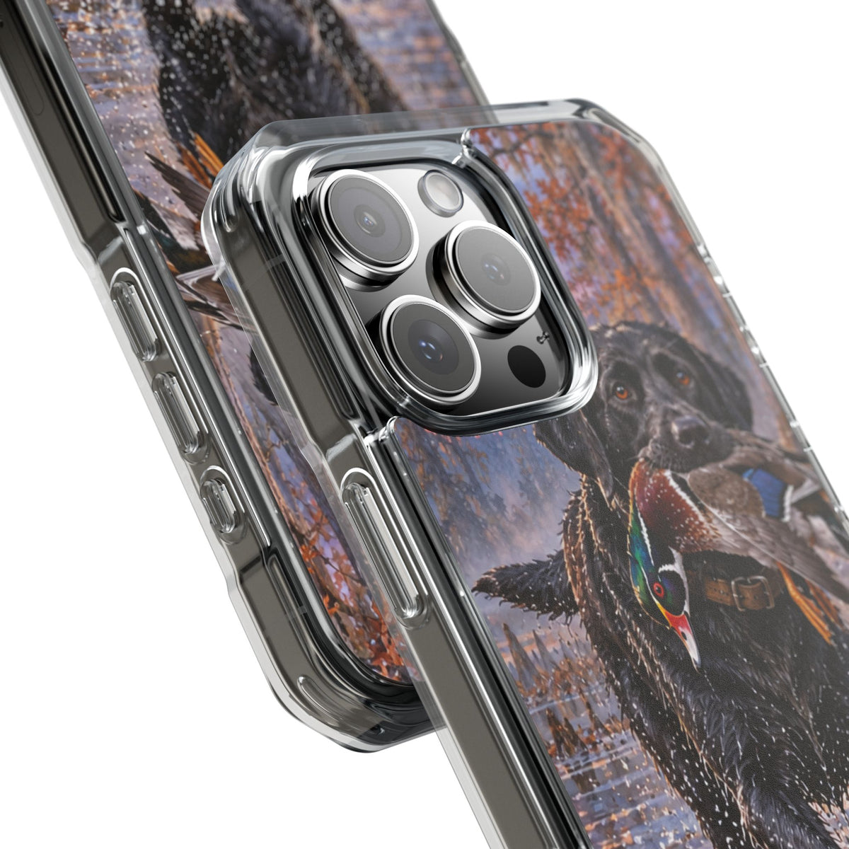 Clear Magnetic Phone Case — Black Lab with Duck swamp