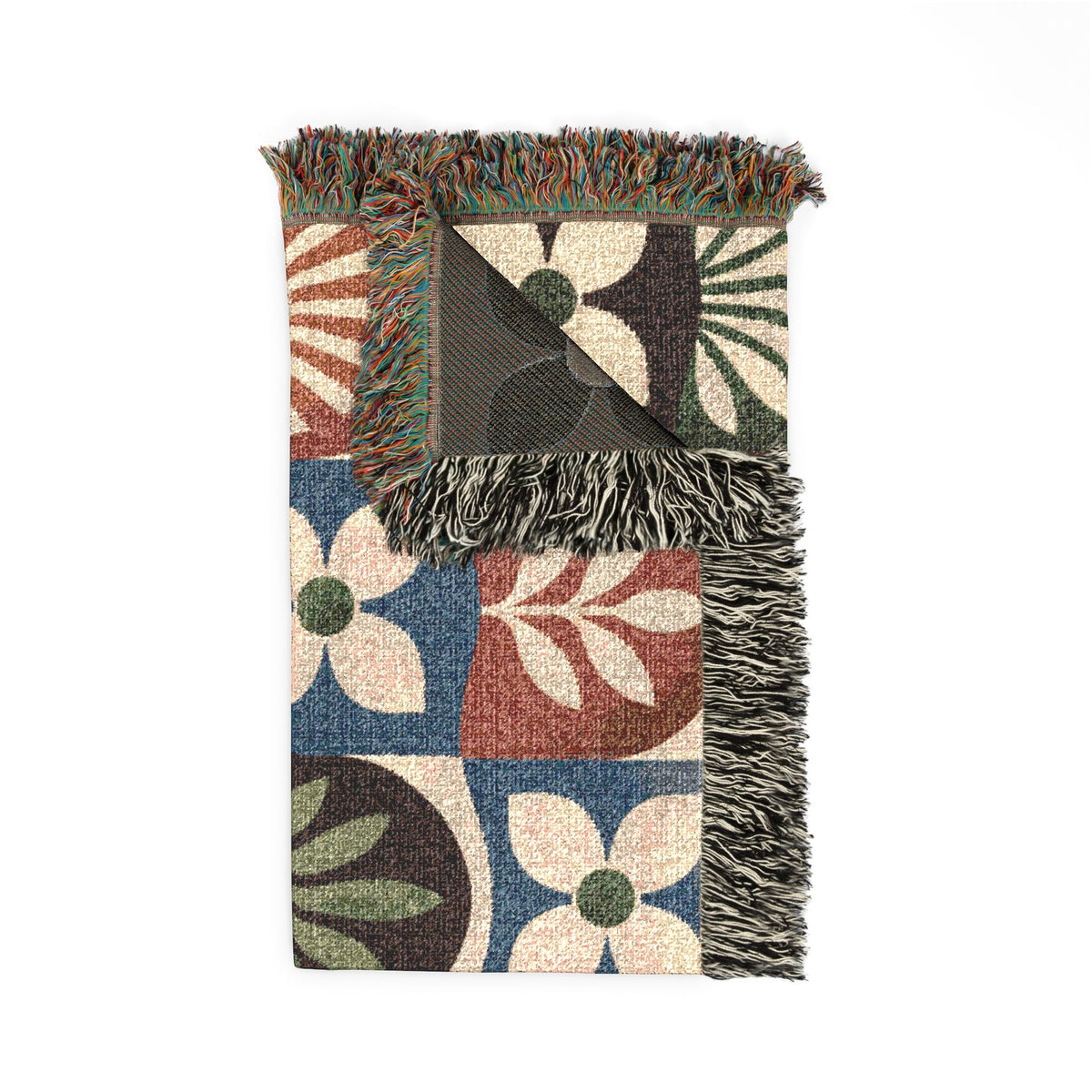 Boho Geometric Woven Blanket — Retro Floral Tile Throw