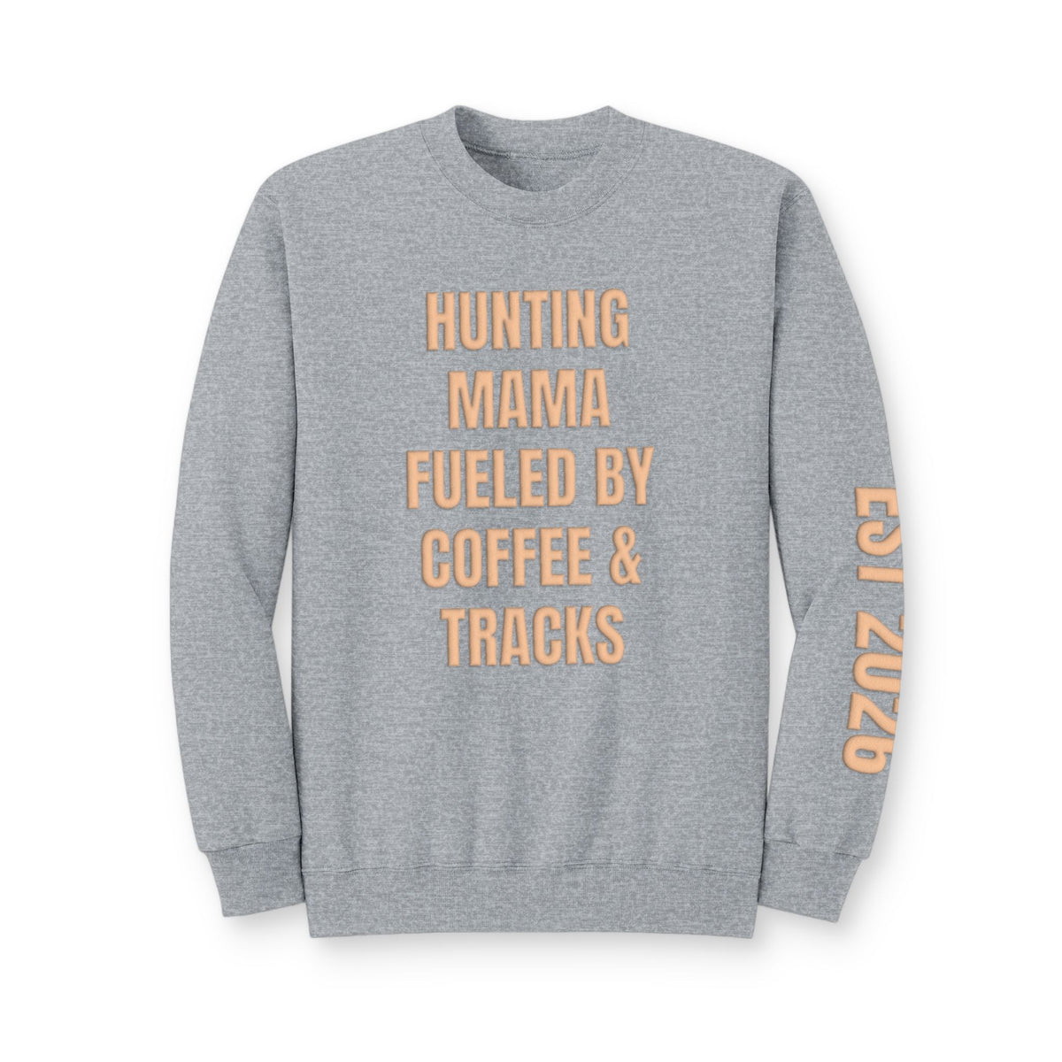 Personalized Hunting Mama Sweatshirt, Hunting Mama fueled by coffee and tracks, Hunter Orange Puff Sweatshirt, Custom Hunting Mom Gift