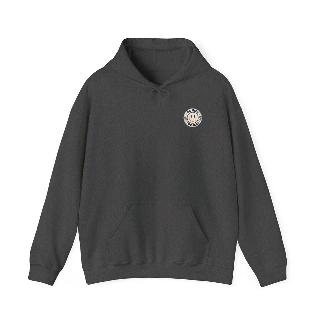 Be Nice You Jerk smiley patch Hoodie | sarcastic slogan, vintage-inspired