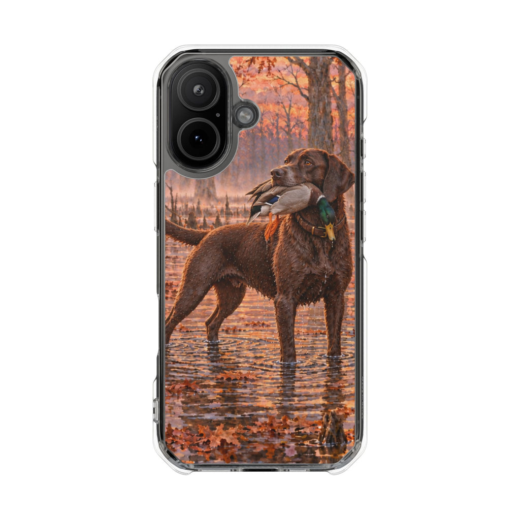 Clear Magnetic Phone Case — Chocolate Lab with Duck swamp