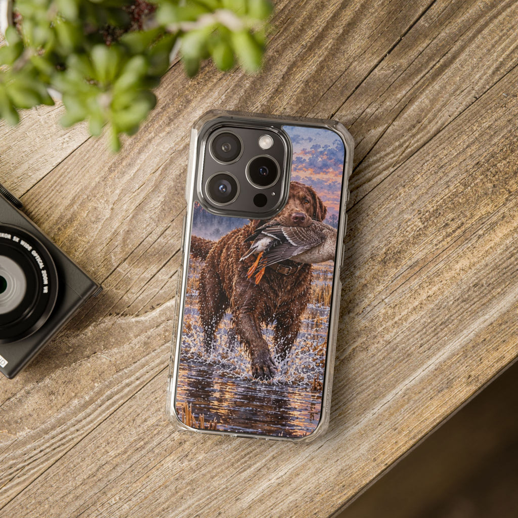 Clear Magnetic Phone Case — Chocolate Lab with Duck in swamp