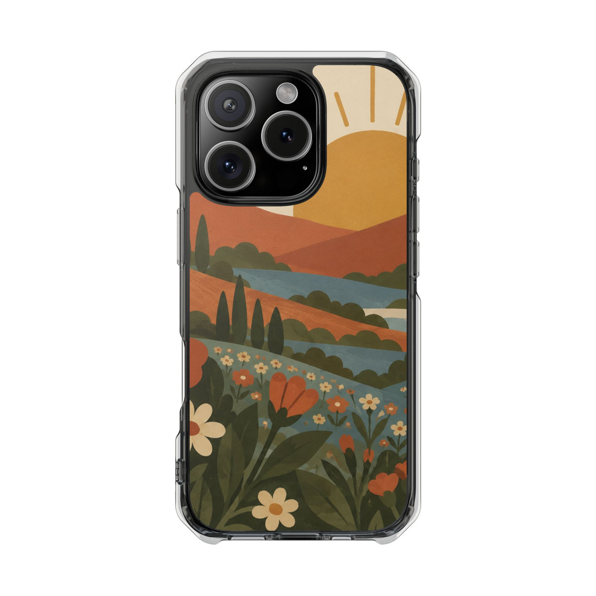 Clear Magnetic Phone Case Floral Sunset Hills Design