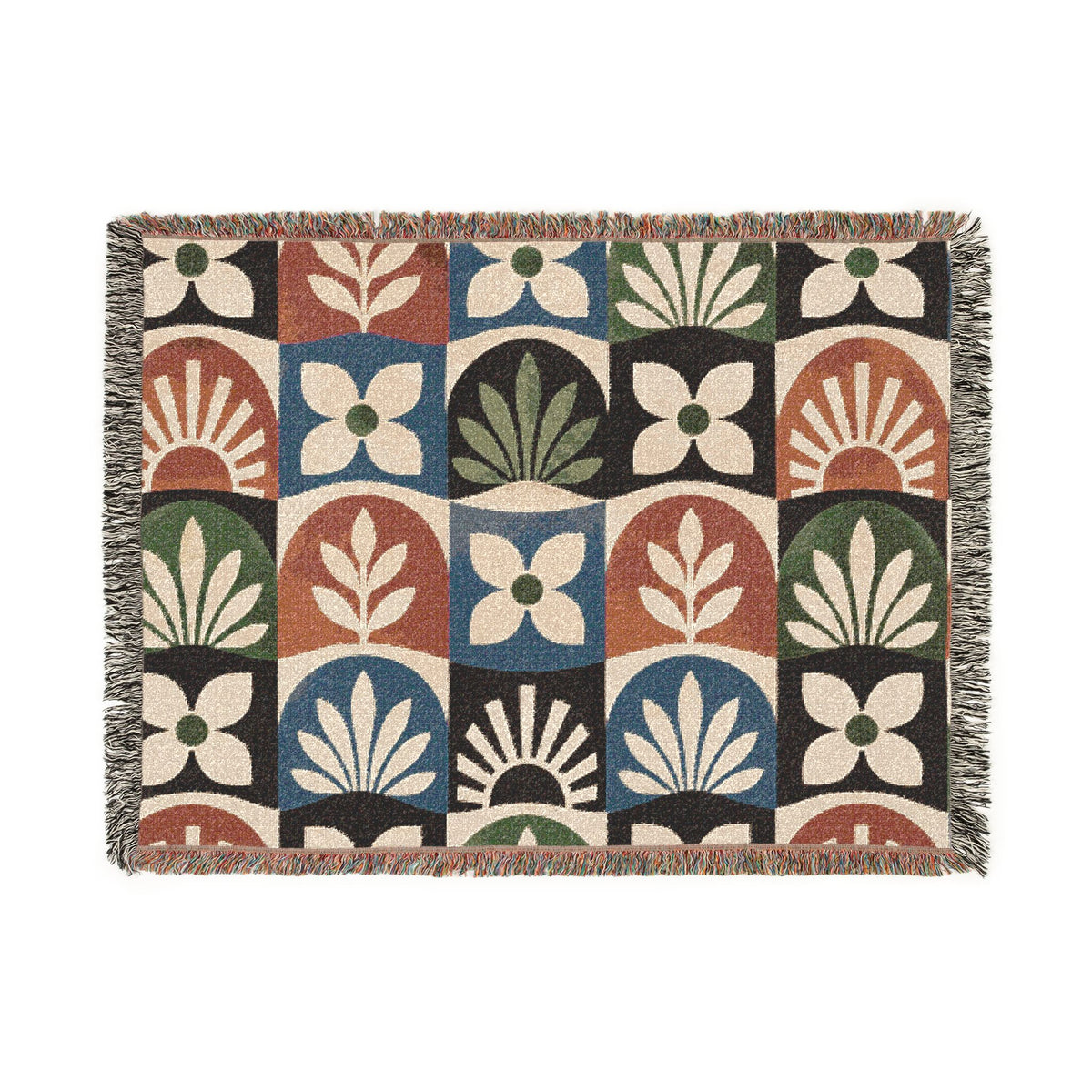Boho Geometric Woven Blanket — Retro Floral Tile Throw