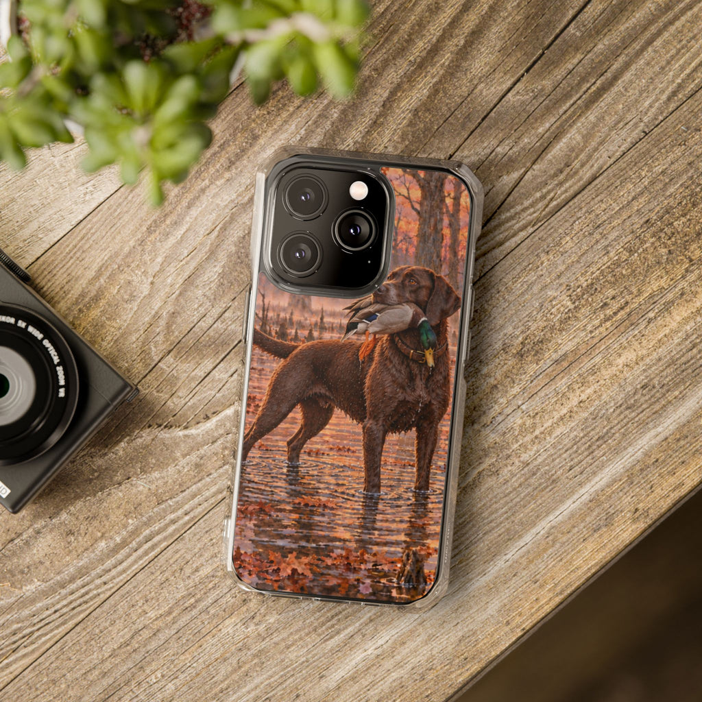Clear Magnetic Phone Case — Chocolate Lab with Duck swamp