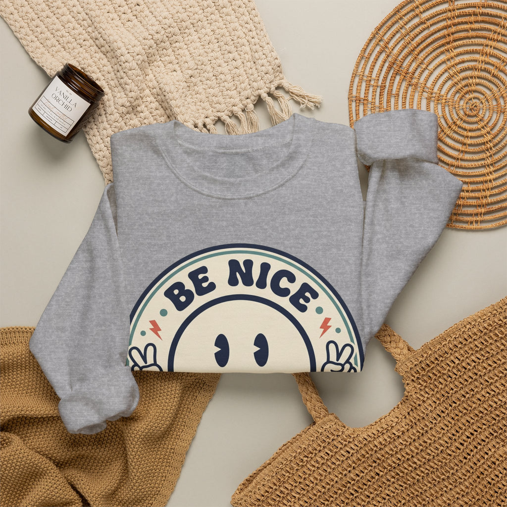 Be Nice You Jerk Smile Patch Crewneck Sweatshirt | Slogan Graphic, Retro Badge