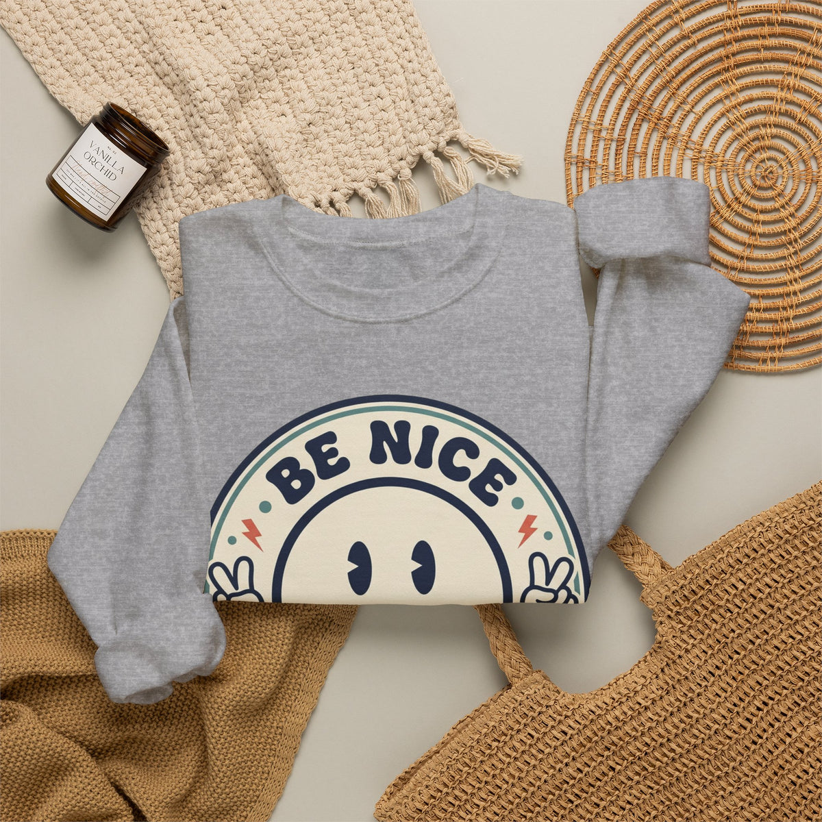 Be Nice You Jerk Smile Patch Crewneck Sweatshirt | Slogan Graphic, Retro Badge