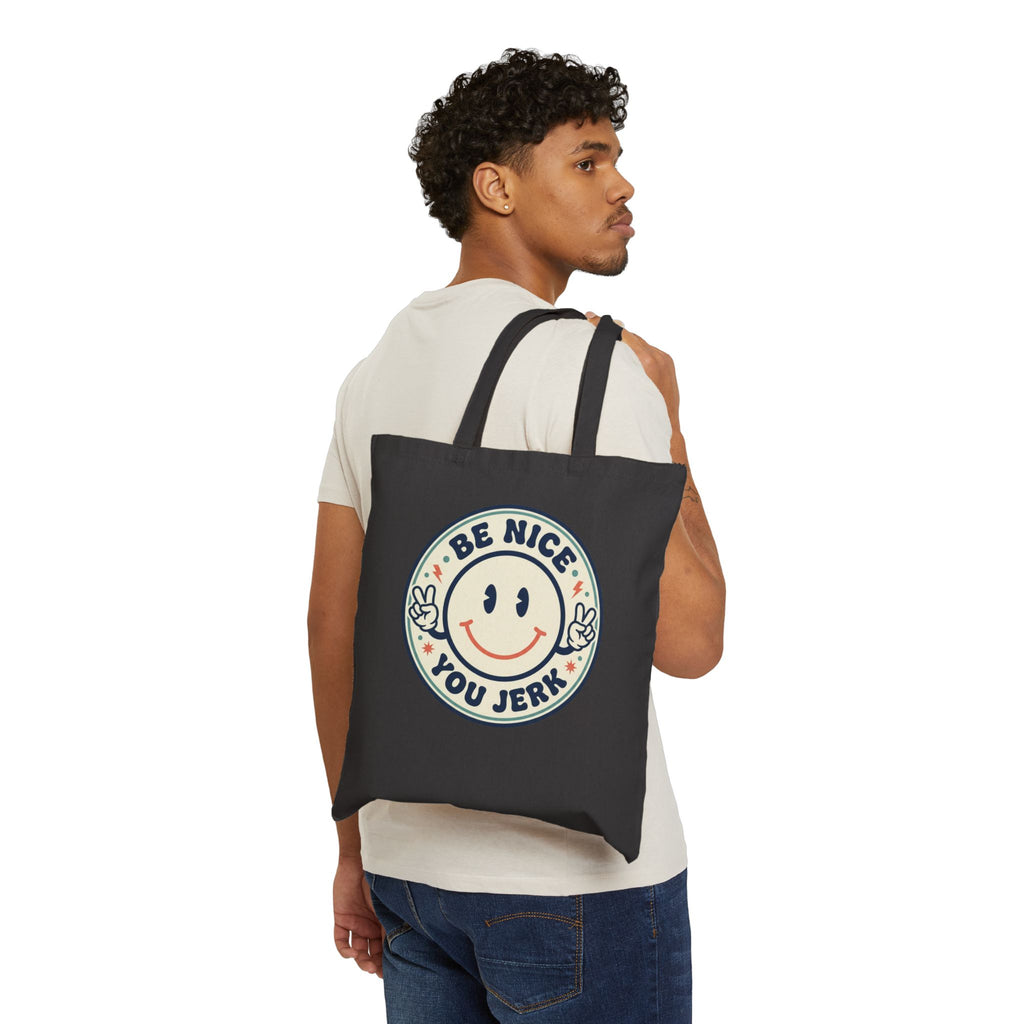 Be Nice You Jerk smiley tote, Canvas Tote Bag | retro smile face slogan