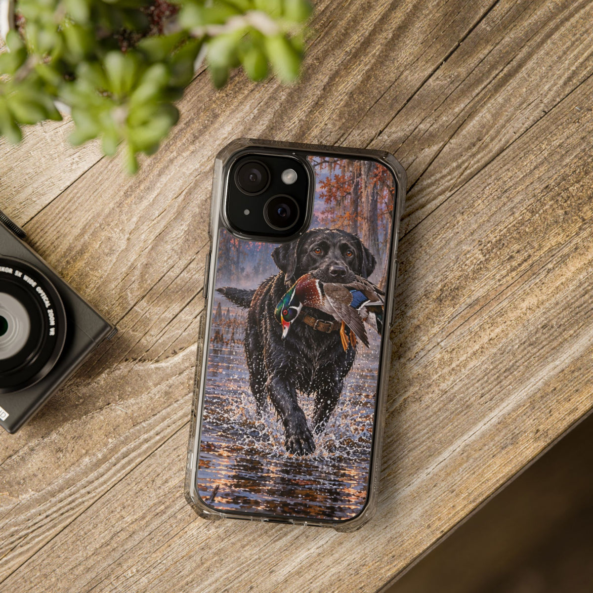 Clear Magnetic Phone Case — Black Lab with Duck swamp