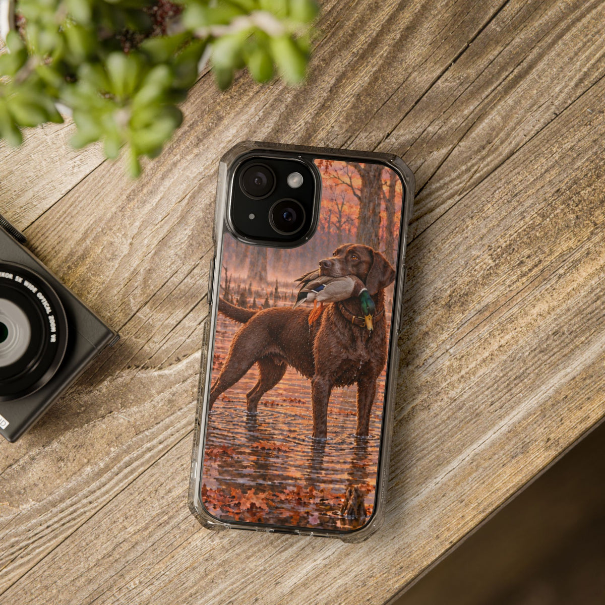 Clear Magnetic Phone Case — Chocolate Lab with Duck swamp