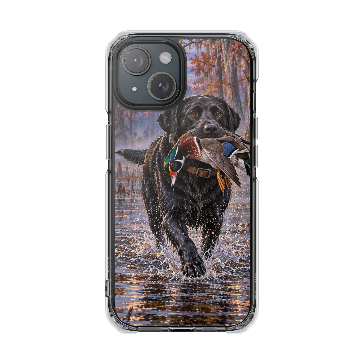 Clear Magnetic Phone Case — Black Lab with Duck swamp
