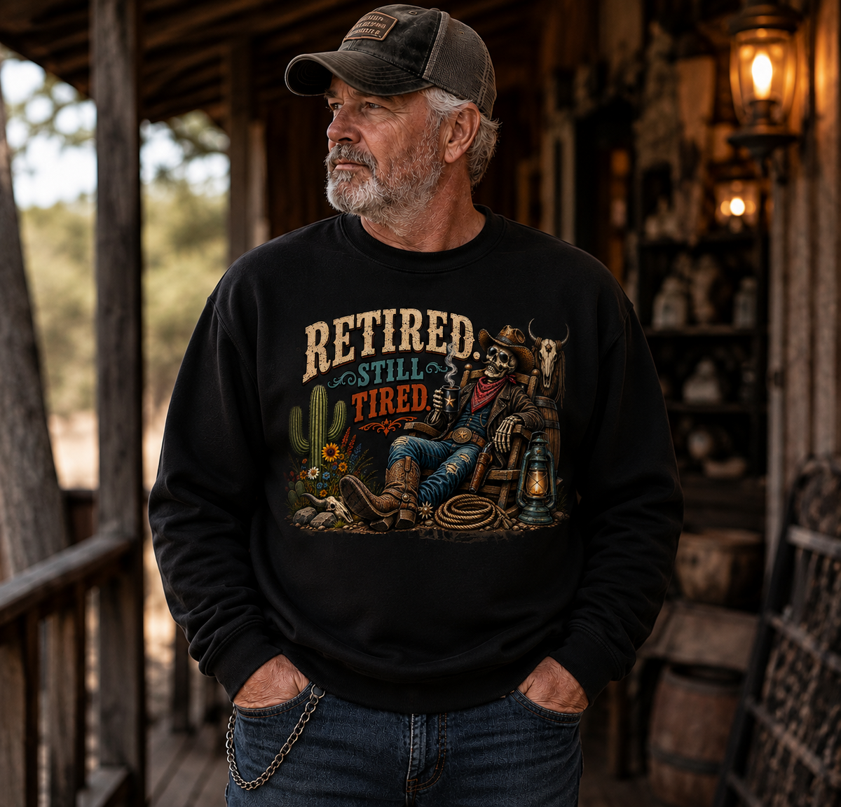 Retired Still Tired western retirement crewneck sweatshirt with ranch graphic