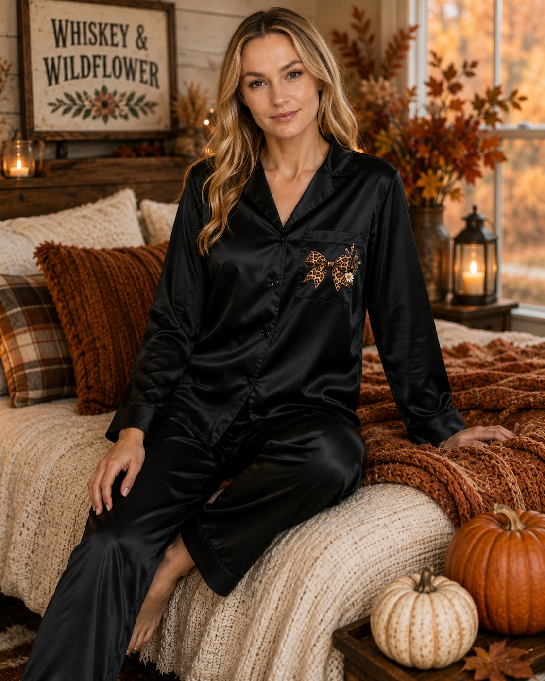 Black Satin Women’s Pajama Set with Subtle Chest Design - Luxe Sleepwear