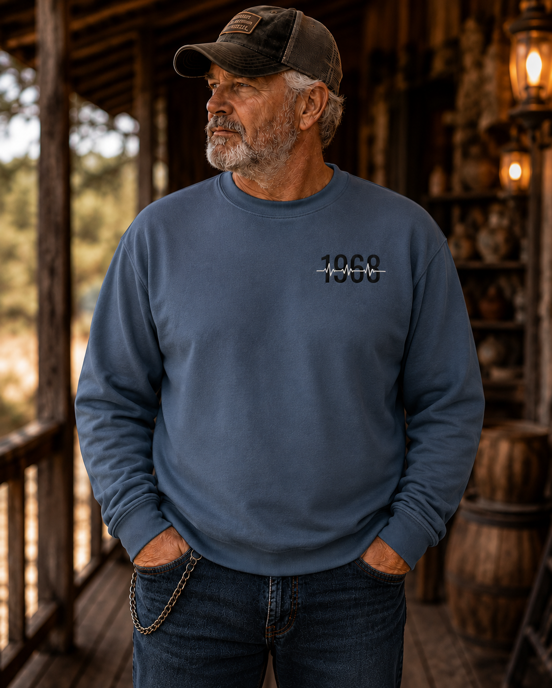 Personalized birth year crewneck sweatshirt with vintage heartbeat design