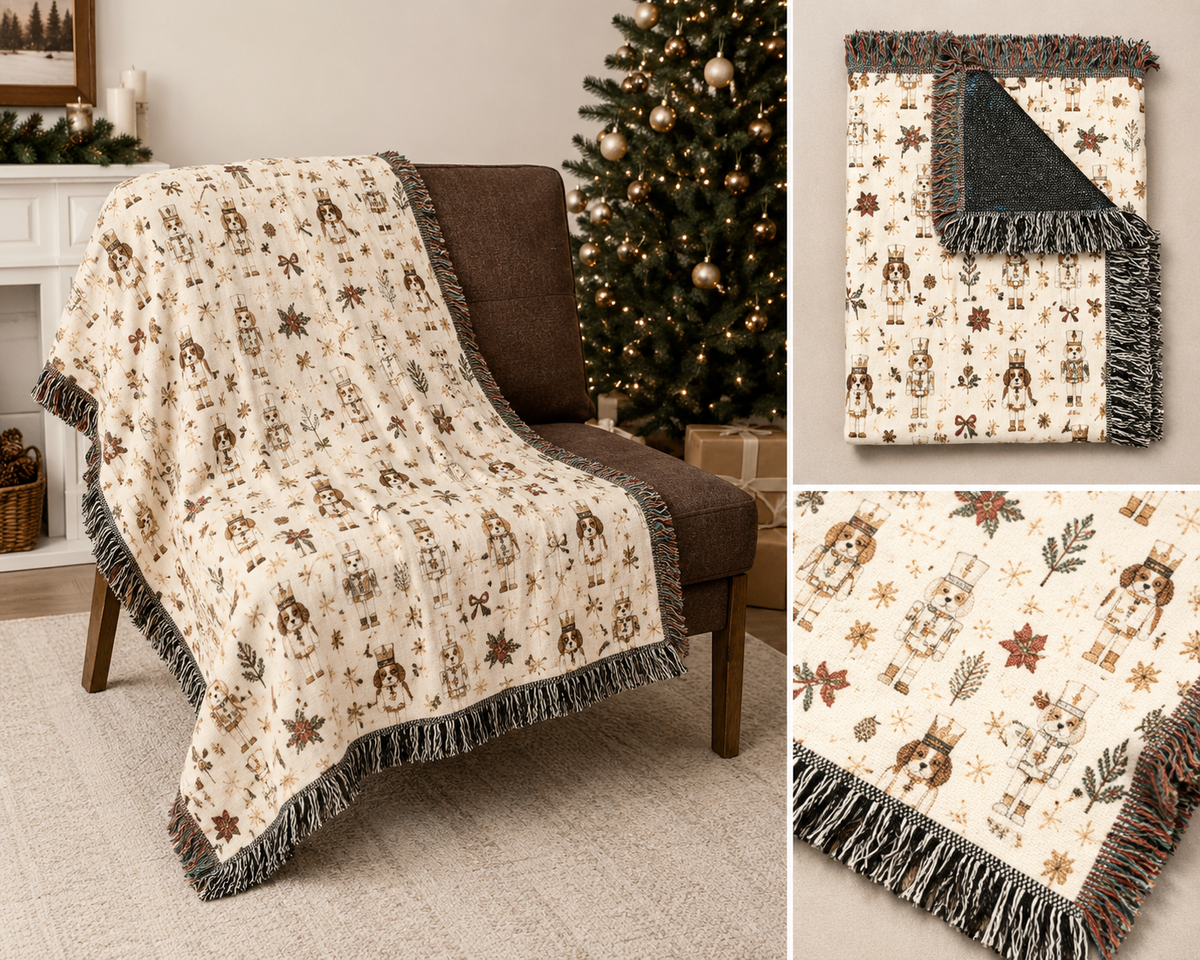 Ivory Dog Nutcracker Christmas woven throw blanket with festive holiday dog design