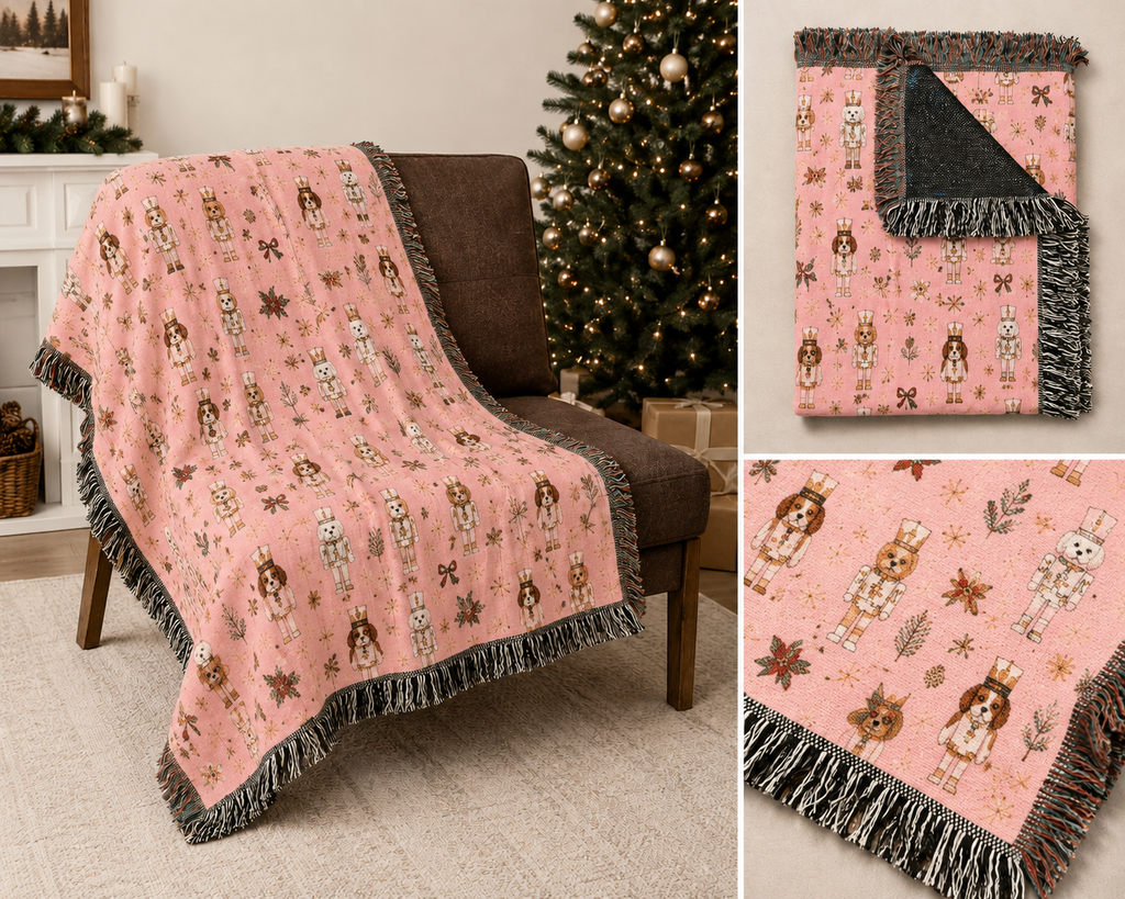 Pink Dog Nutcracker Christmas woven throw blanket with festive holiday dog design