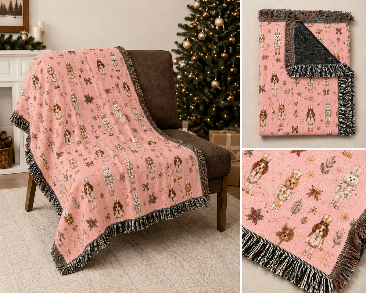 Pink Dog Nutcracker Christmas woven throw blanket with festive holiday dog design