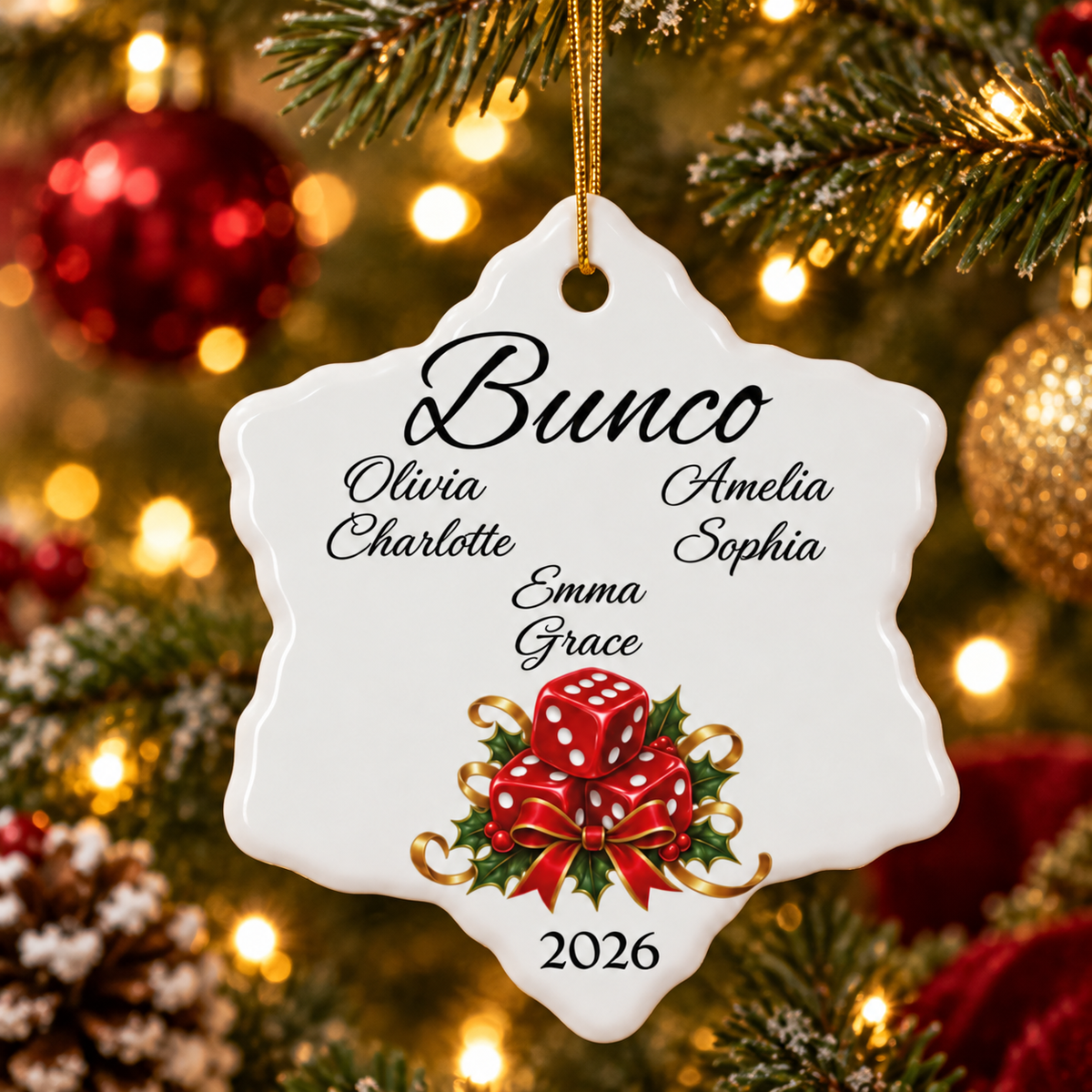 Personalized Bunco Team Snowflake Ornament, Custom Names and Year, Bunco Group Christmas Gift, Dice Game Club Keepsake, Ceramic Ornament