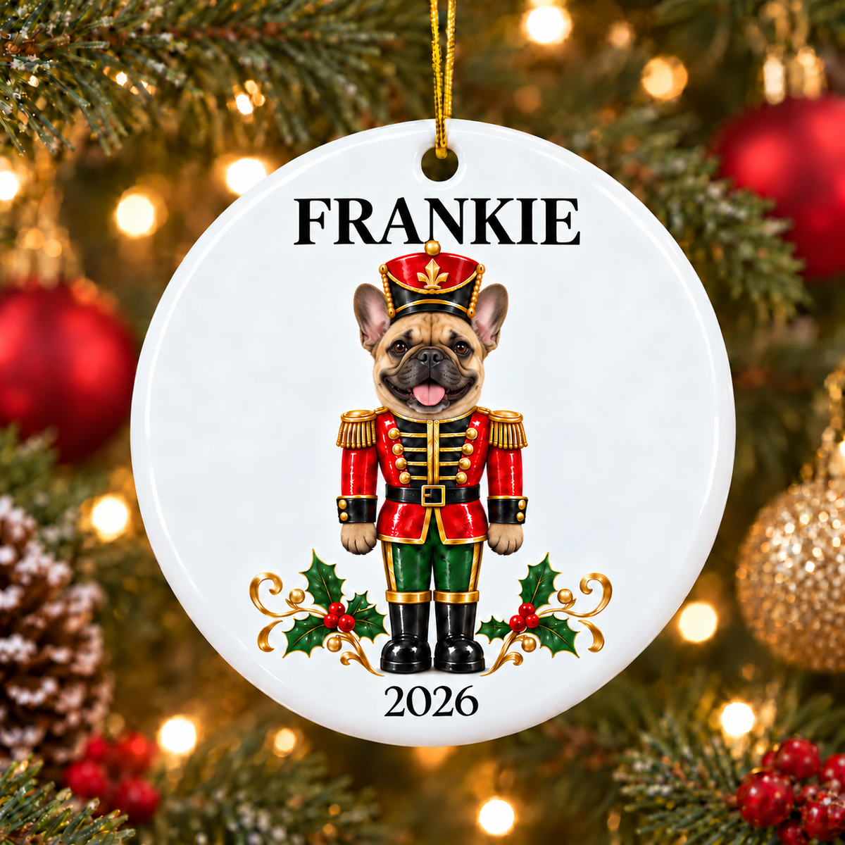 Personalized fawn French Bulldog Dog Nutcracker White Round Ornament, Custom Names and Year, Christmas Gift, Keepsake, Ceramic Ornament