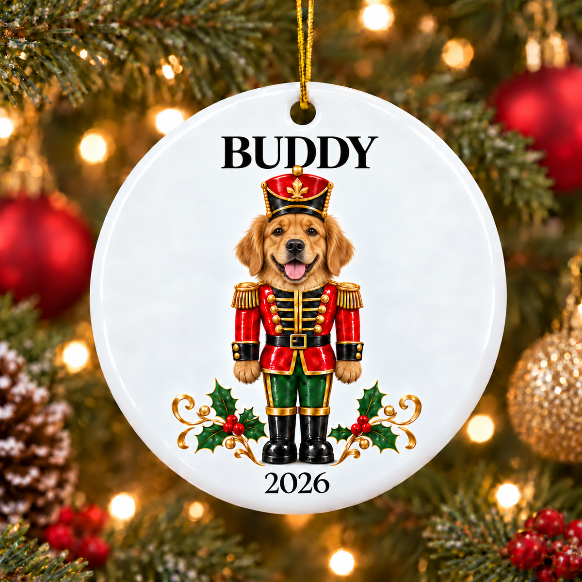 Personalized Golden Retriever Dog Nutcracker White Round Ornament, Custom Names and Year, Christmas Gift, Keepsake, Ceramic Ornament
