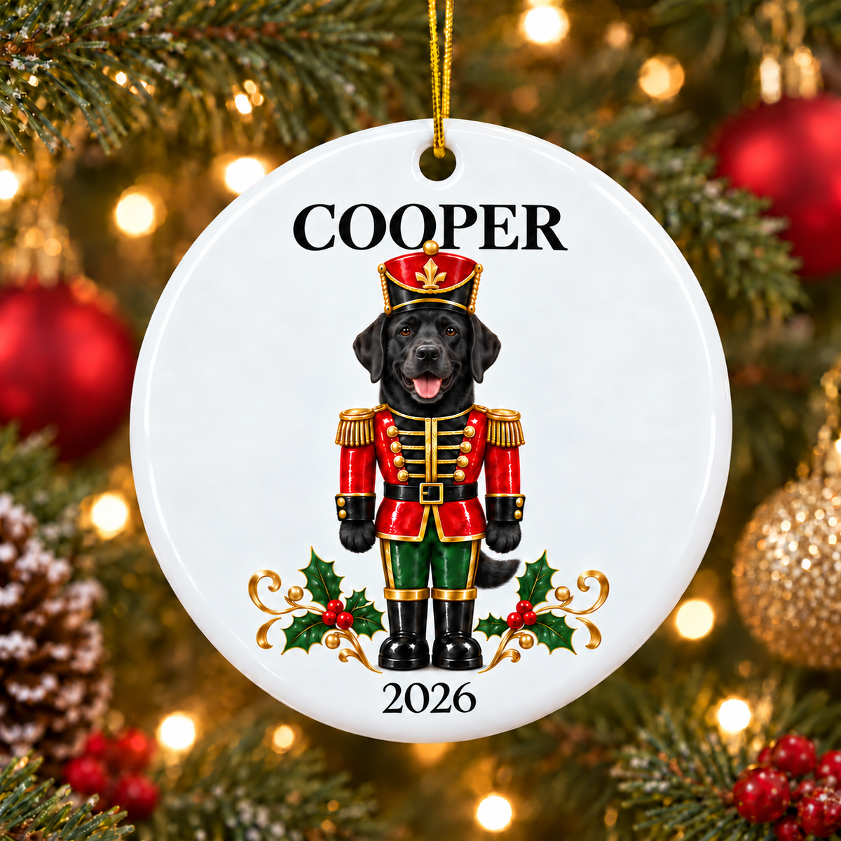 Personalized Black Labrador Retriever Dog Nutcracker White Round Ornament, Custom Names and Year, Christmas Gift, Keepsake, Ceramic Ornament