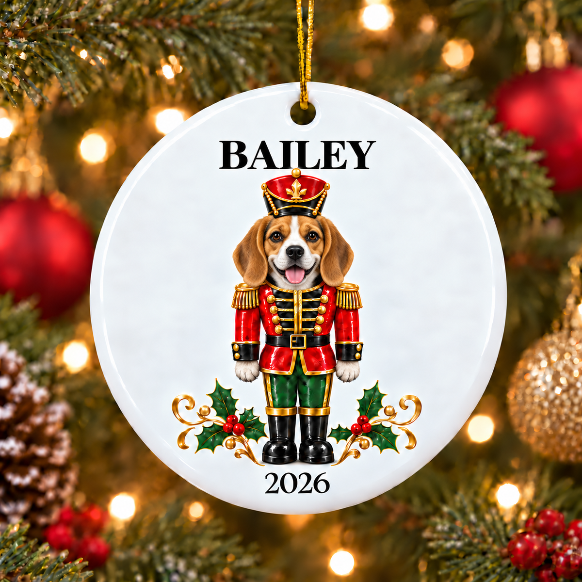 Personalized Beagle Dog Nutcracker White Round Ornament, Custom Names and Year, Christmas Gift, Keepsake, Ceramic Ornament