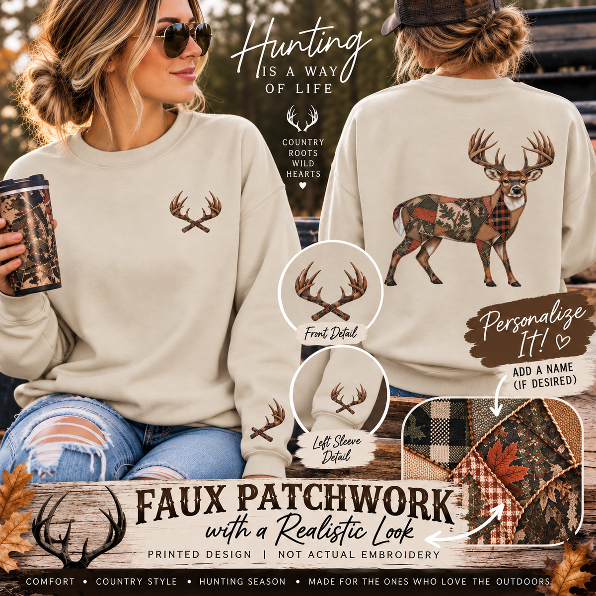 Faux Patchwork Whitetail Deer Shirt, Buck Hunting Tee, Rustic Deer Hunter Gift