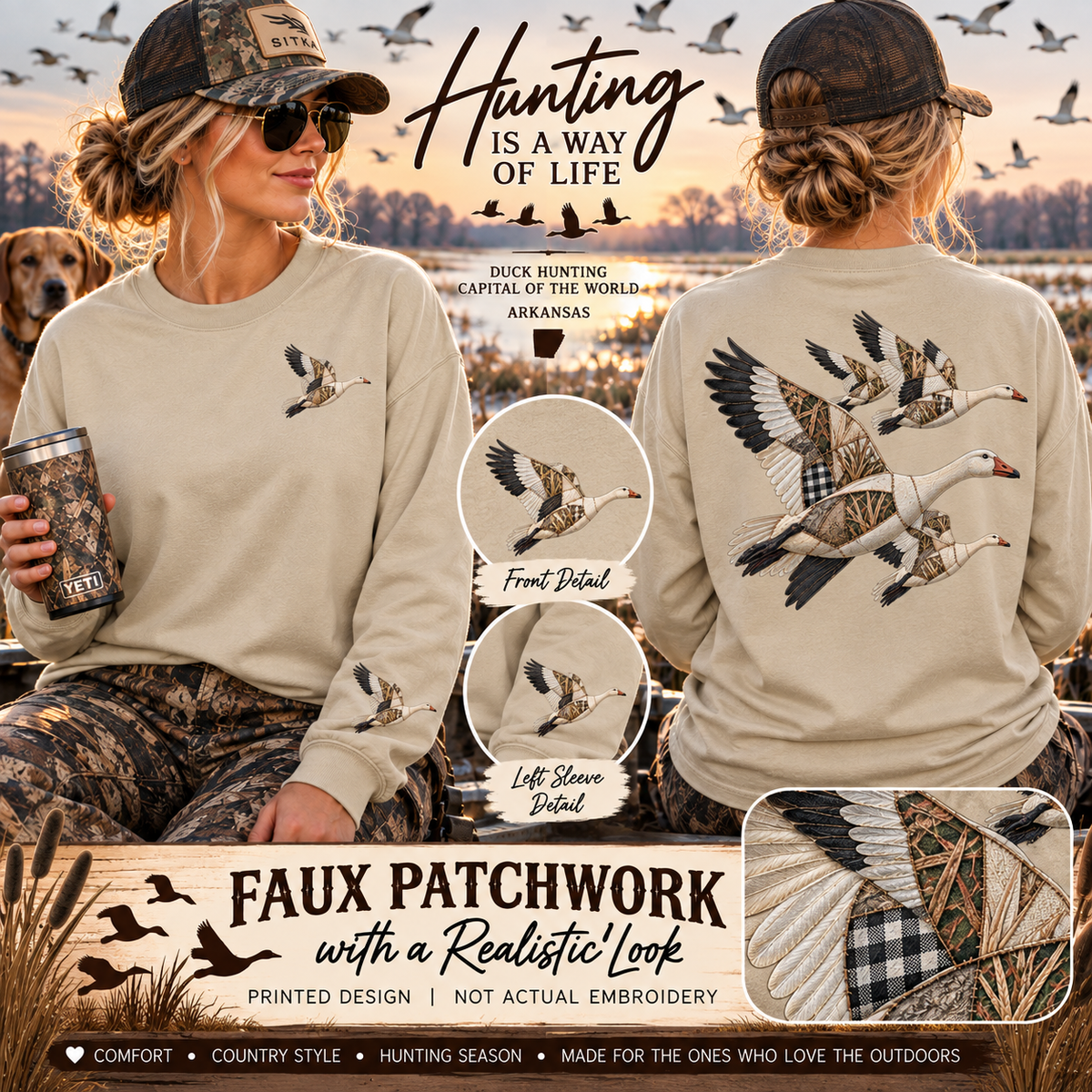 Faux Patchwork Snow Goose Shirt, Snow Geese Hunting Long Sleeve, Arkansas Waterfowl Hunter Gift
