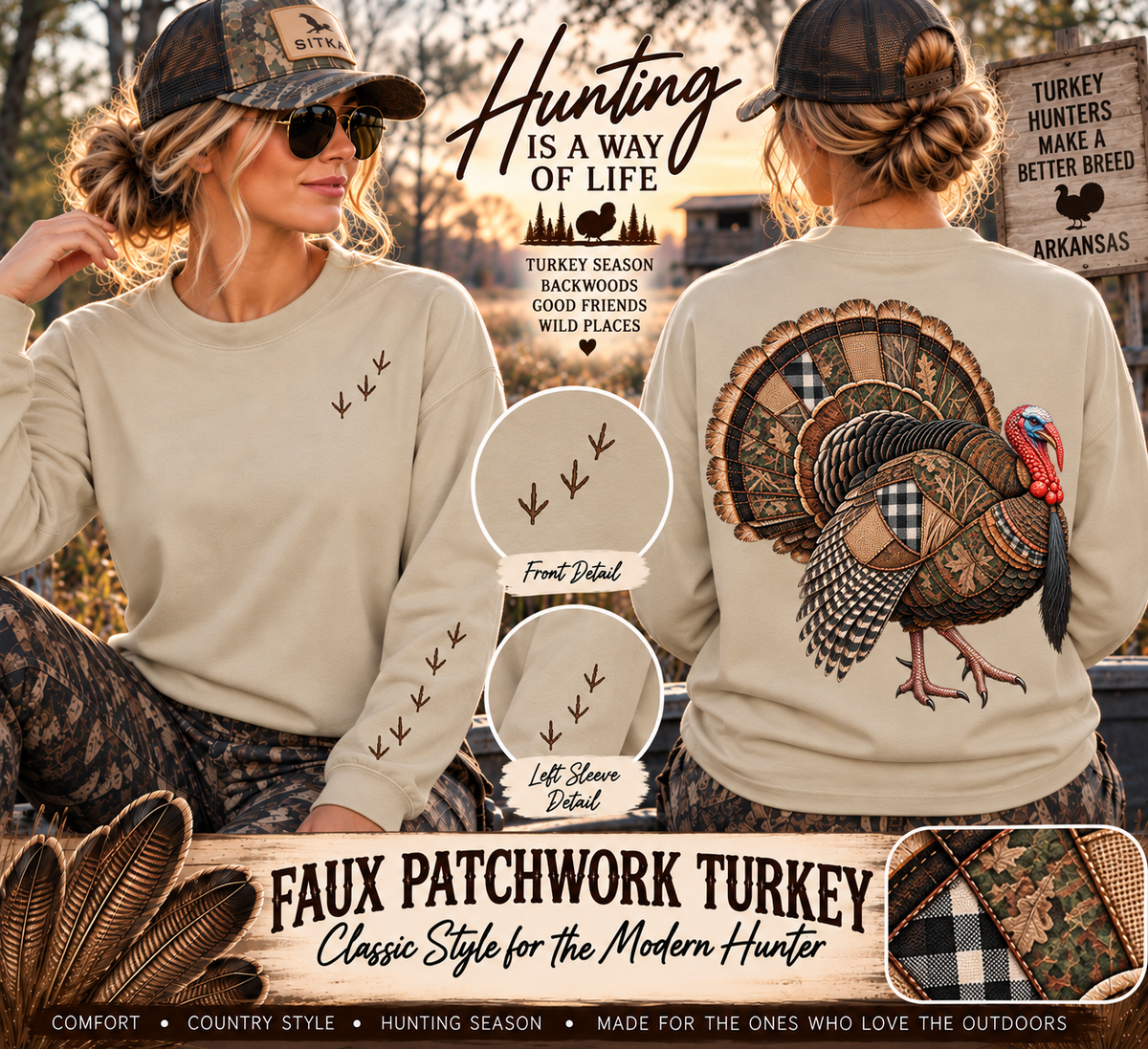 Faux Patchwork Turkey Shirt, Turkey Hunting Long Sleeve, Arkansas Waterfowl Hunter Gift