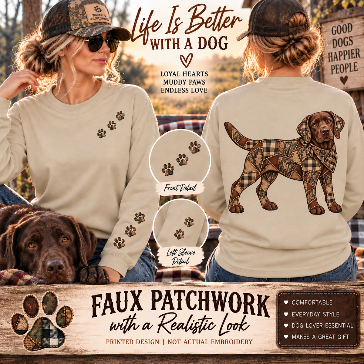 Faux Patchwork Chocolate Lab Shirt, Full Body Labrador Hunting Long Sleeve, Arkansas Hunter Gift