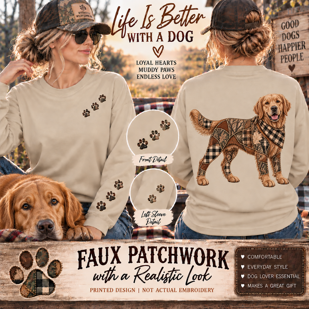 Faux Patchwork Golden Retriever Shirt, Full Body Golden Retriever Hunting Long Sleeve, Arkansas Hunter Gift