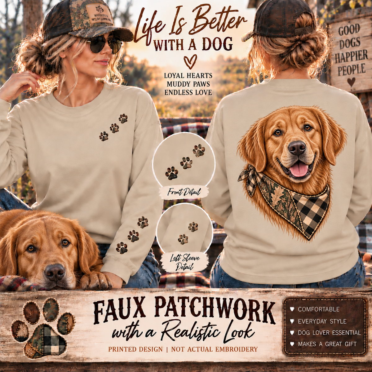 Faux Patchwork Golden Retriever Shirt, Golden Retriever Hunting Long Sleeve, Arkansas Hunter Gift