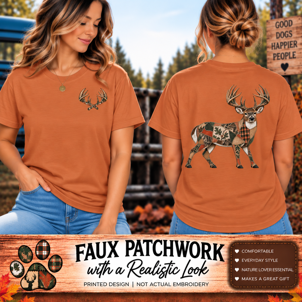 Faux Patchwork Whitetail Deer Shirt, Buck Hunting Tee, Rustic Deer Hunter Gift