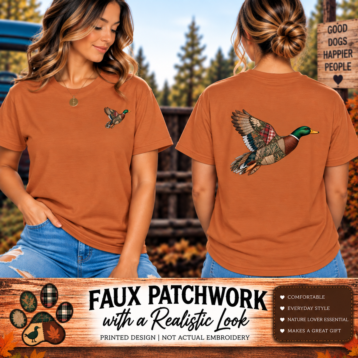 Faux Patchwork Mallard Duck Shirt, Duck Hunting Tee, Rustic Duck Hunter Gift