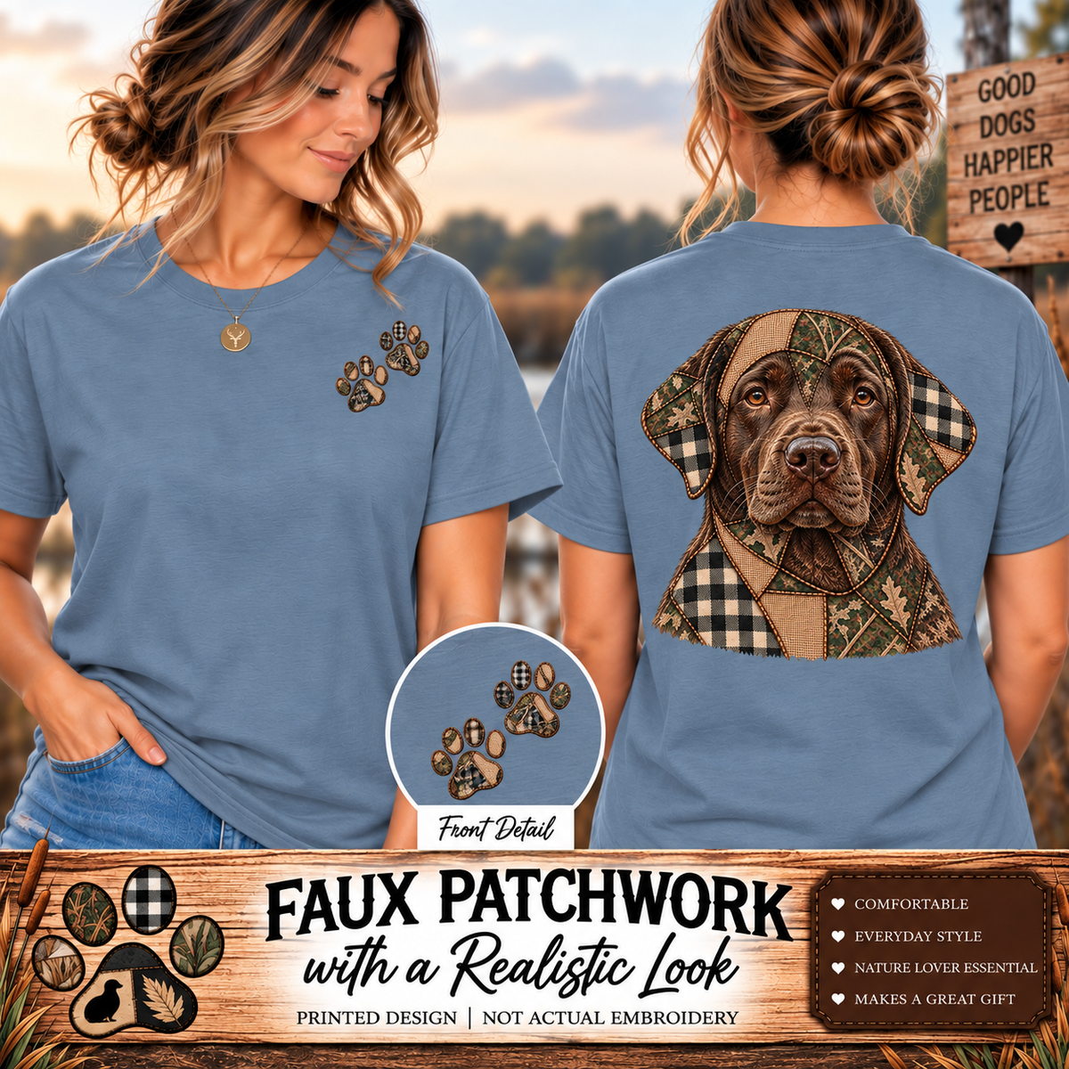 Faux Patchwork Black Lab Short-Sleeve T-Shirt, Labrador Hunting Shirt, Arkansas Hunter Gift
