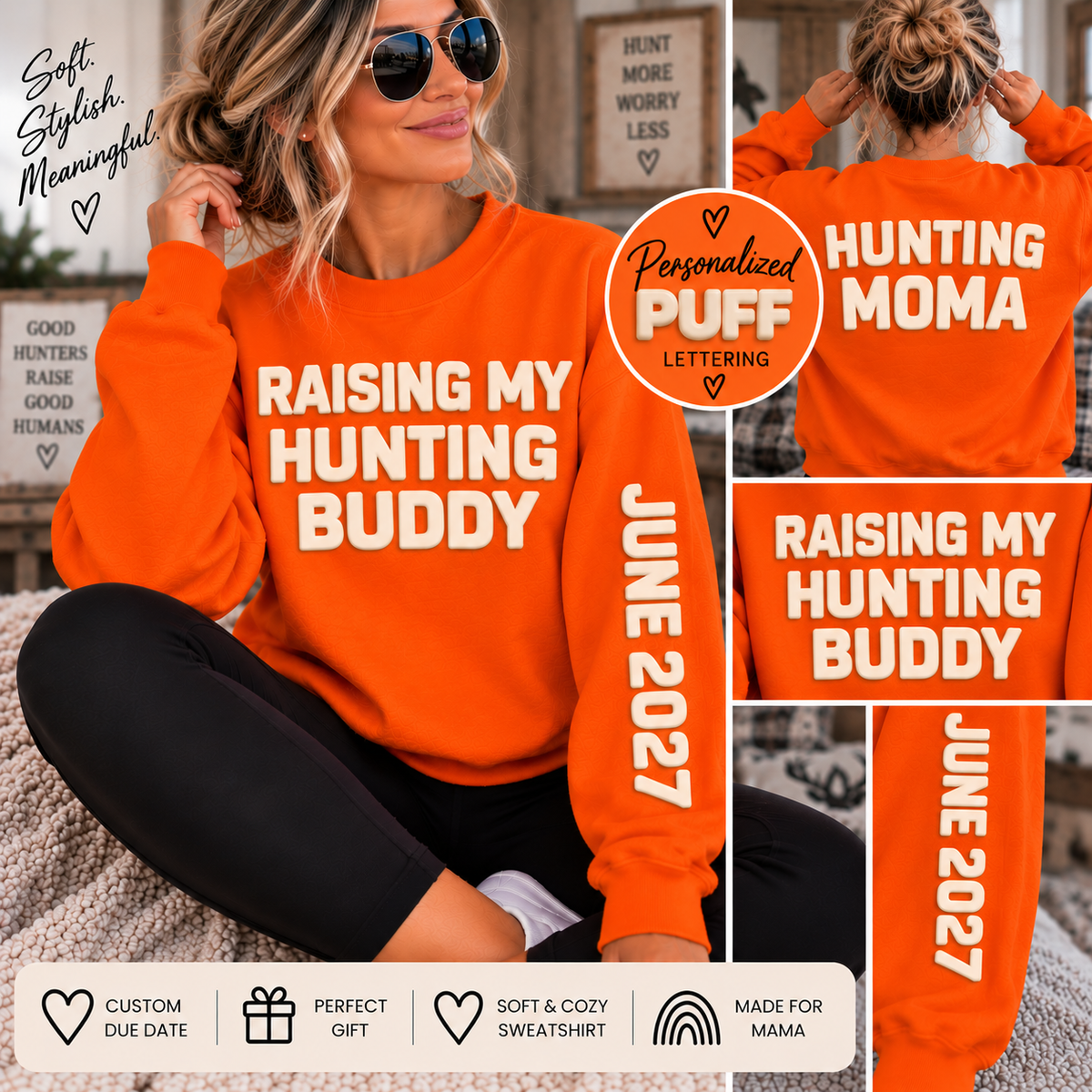 Personalized Hunting Mama Sweatshirt, Raising My Hunting Buddy Shirt, Hunter Orange Puff Sweatshirt, Custom Mom Hunting Gift