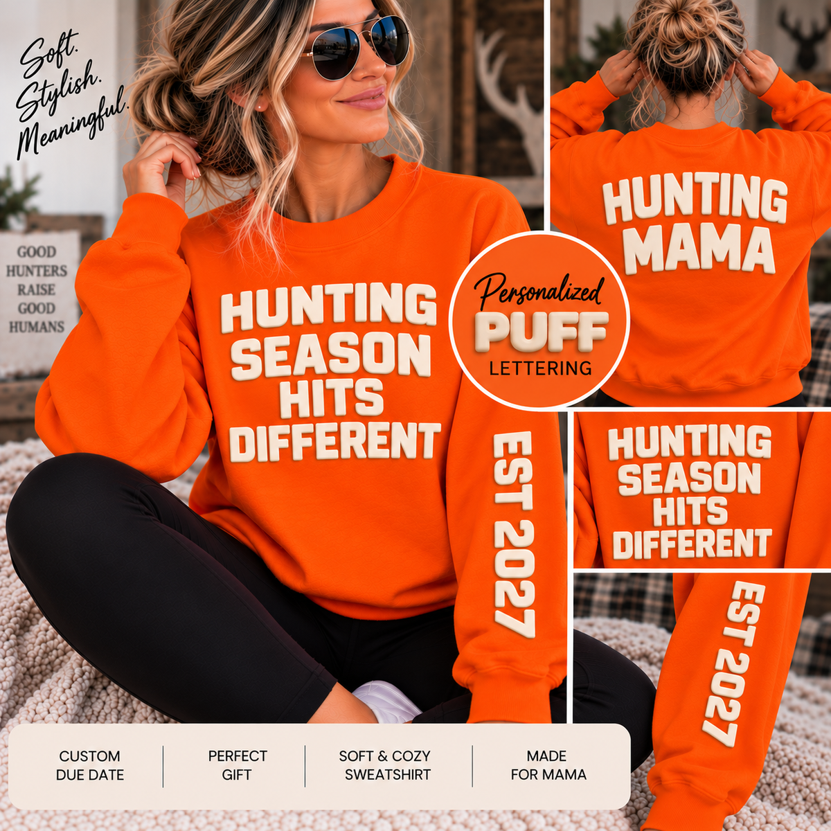Personalized Hunting Mama Sweatshirt, Hunting Season Hits Different, Hunter Orange Puff Sweatshirt, Custom Hunting Mom Gift