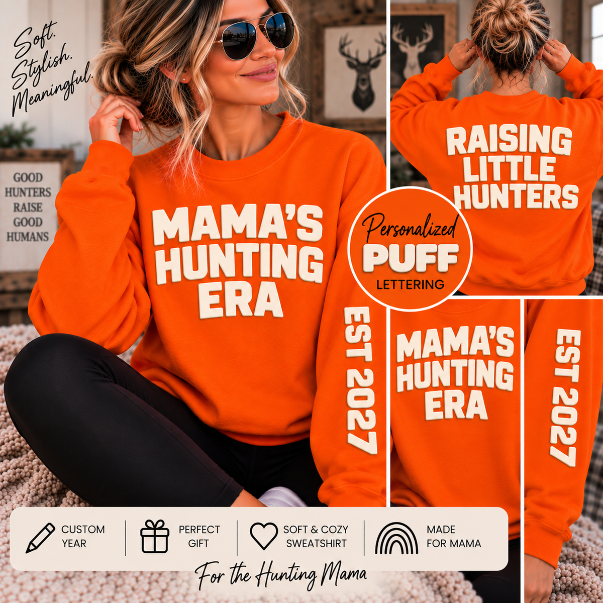 Personalized Hunting Mama Sweatshirt, Raising My Little Hunting Buddy Shirt, Hunter Orange Puff Sweatshirt, Custom Mom Hunting Gift