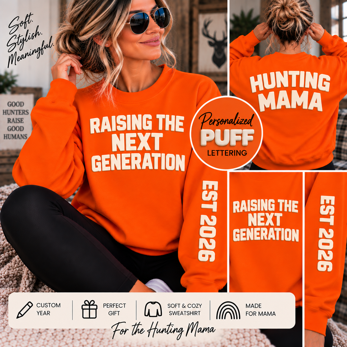 Personalized Hunting Mama Sweatshirt, Raising the Next Generation, Hunter Orange Puff Sweatshirt, Custom Hunting Mom Gift