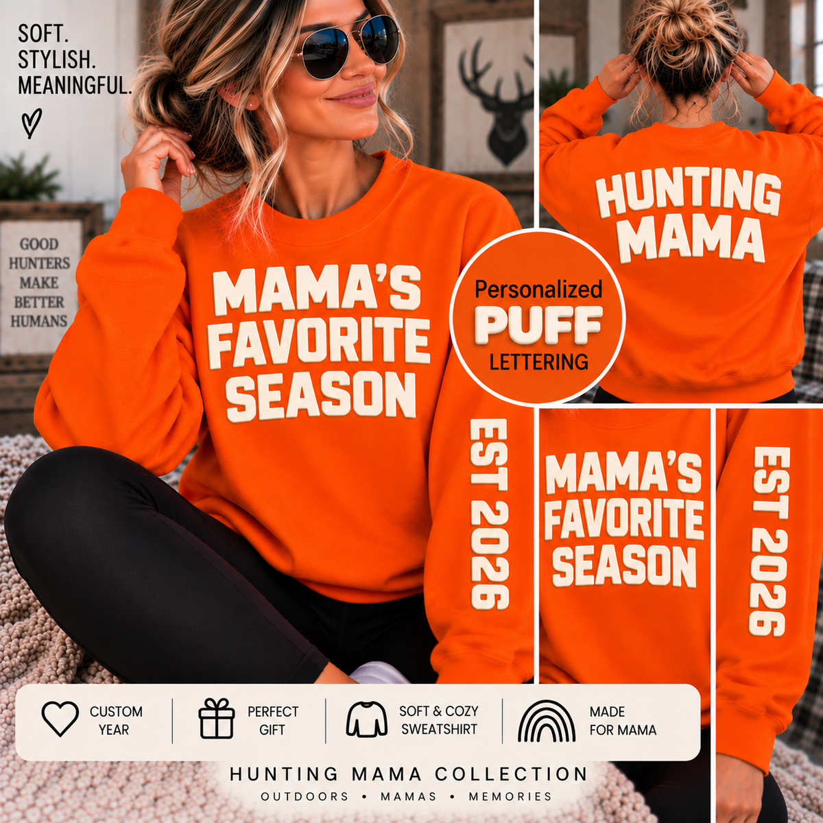 Personalized Hunting Mama Sweatshirt, Mama's Favorite Season, Hunter Orange Puff Sweatshirt, Custom Hunting Mom Gift