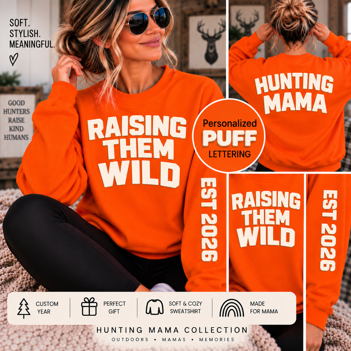 Personalized Hunting Mama Sweatshirt, Raising Them Wild, Hunter Orange Puff Sweatshirt, Custom Hunting Mom Gift