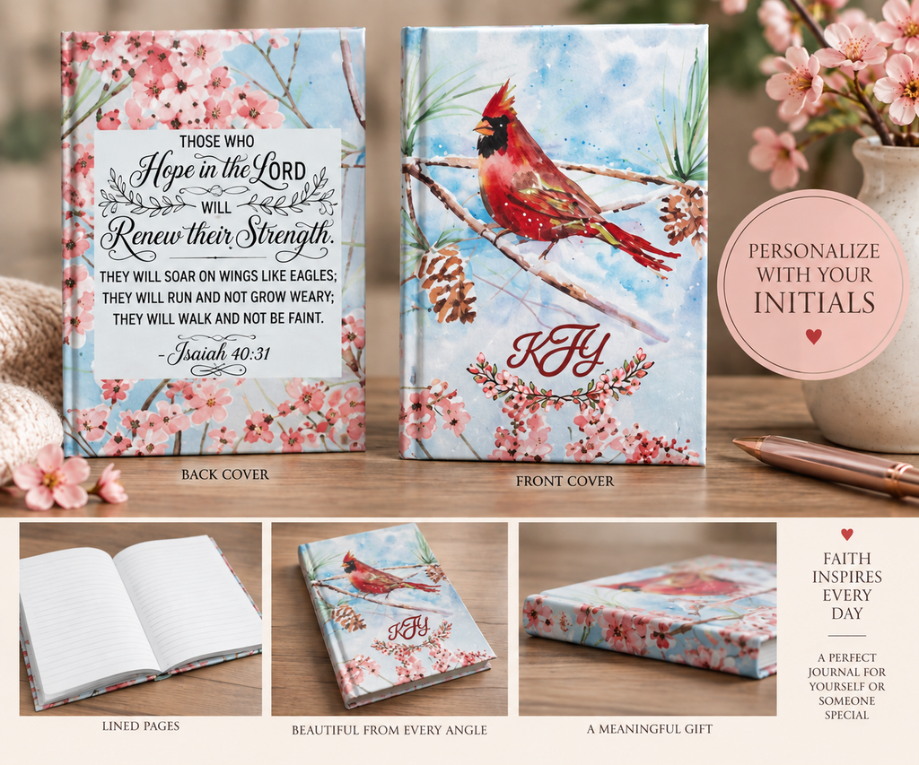Personalized Cardinal Journal with Initials, Christian Prayer Journal, Isaiah 40:31 Bible Verse Notebook, Faith Gift for Her, Cardinal Gift