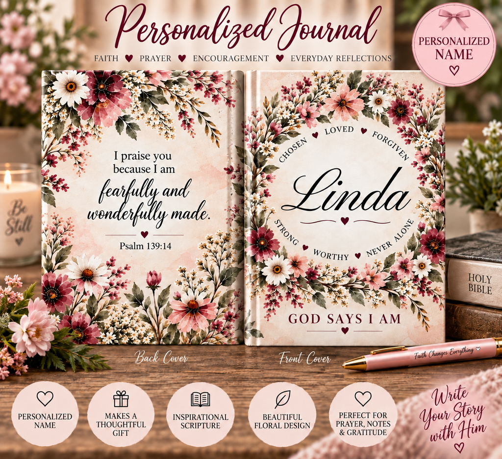 Personalized Christian Journal for Women, God Says I Am Prayer Journal, Custom Name Bible Journal, Psalm 139:14 Faith Gift for Her